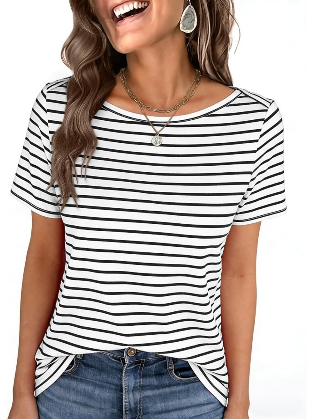 Women's Black White Boat Neck Tops Short Sleeve T-Shirts Causal Fashion Clothes